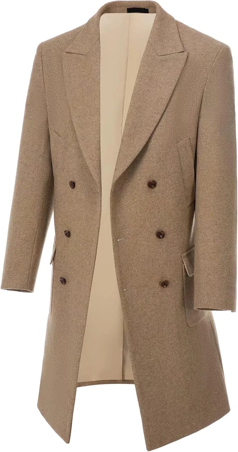 Retro Long Mens Trench Coat Jackets Slim Fit Overcoat Prom Peacoat Wool Blend Blazer Casual Men Double Breasted Coats