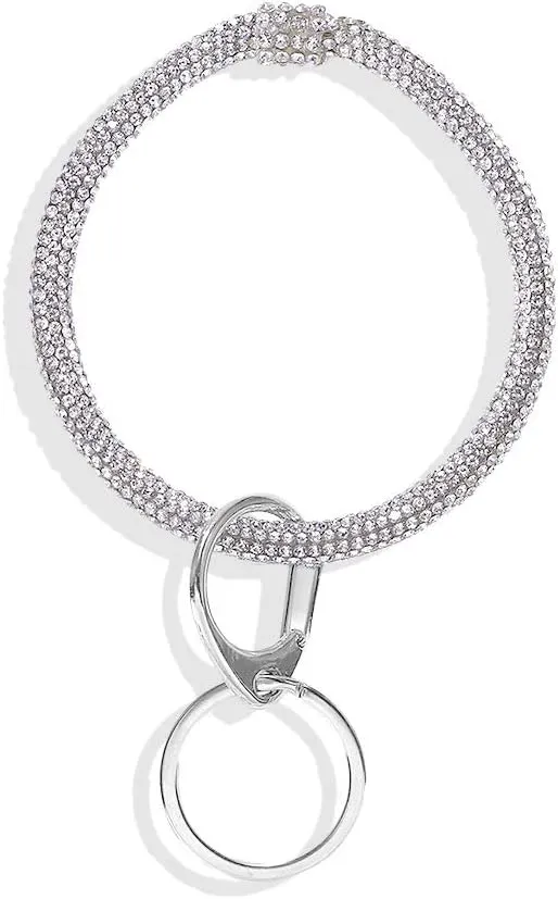 Rhinestone Wearable Keyring Bangle Sparkle Bracelet keychain Wristlet Key Chain for Women, Silver, 3 Inch