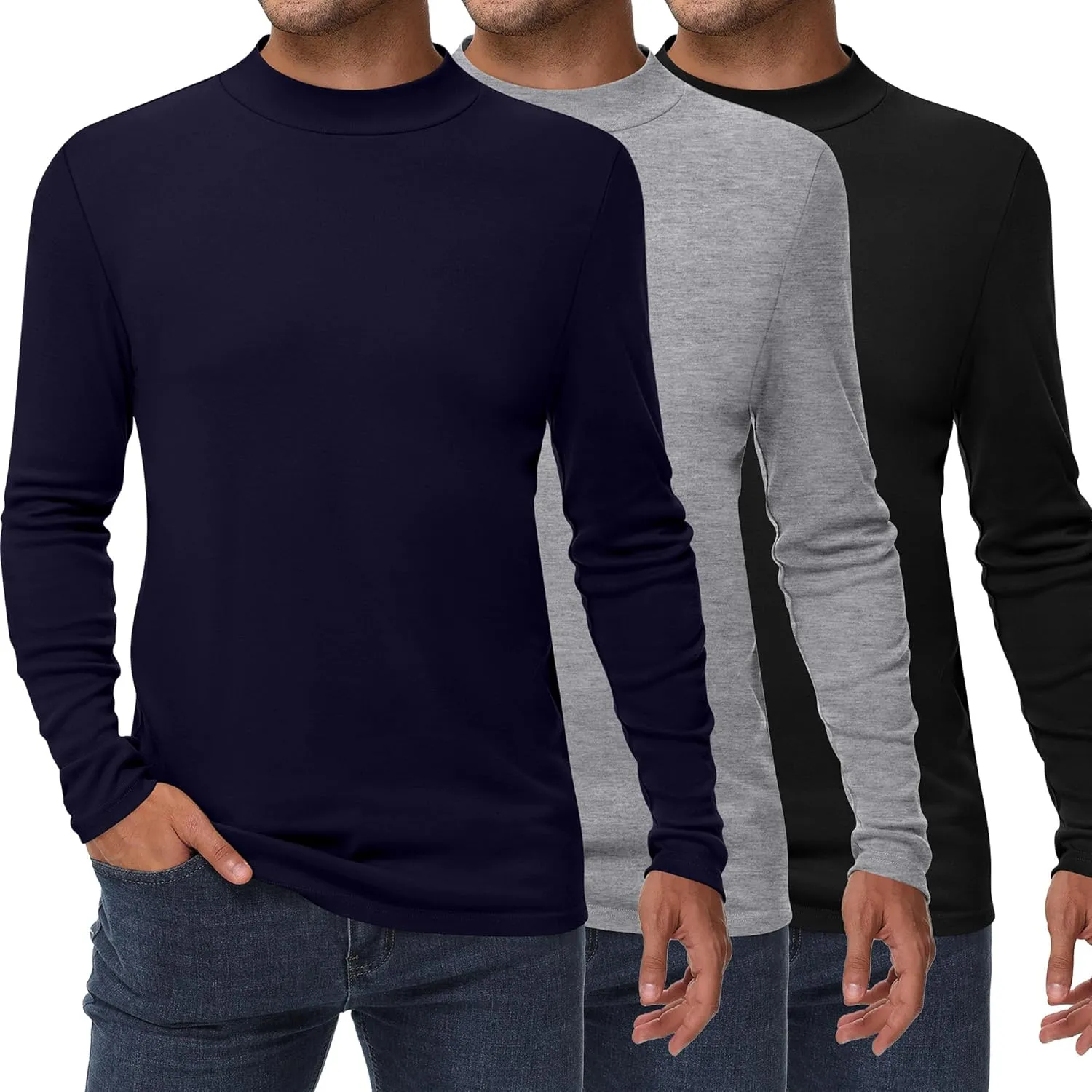 Riyiper 3 Pack Men's Mock Neck Shirts, Long Sleeve Slim Fit Turtleneck Tops Lightweight Basic Pullover Casual Knit Sweaters
