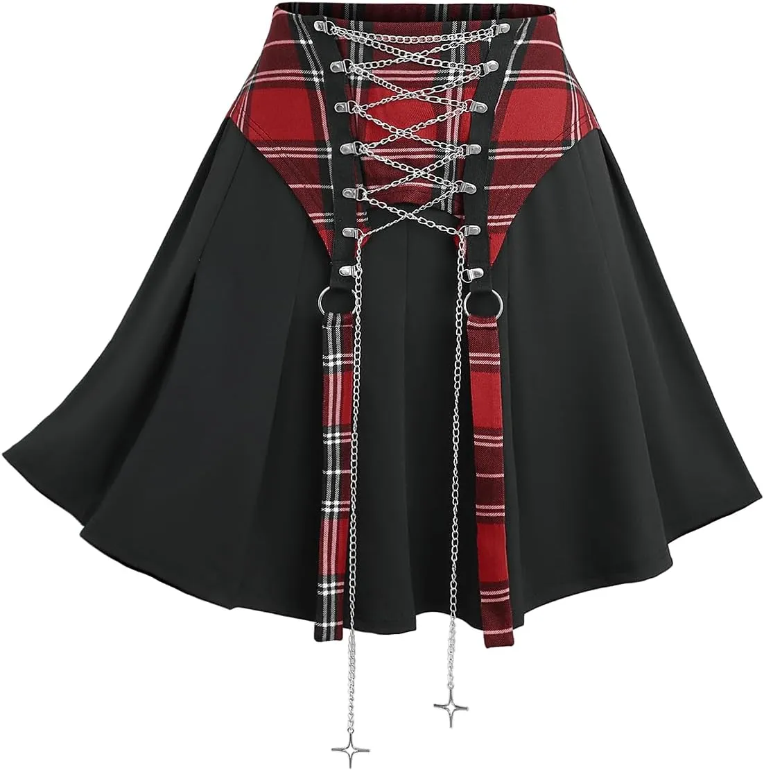 Rosegal Women Plus Size Gothic Plaid Chain Lace-up High Waisted Pleated Mini A Line Skirt