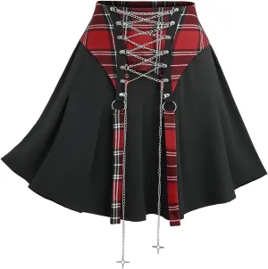 Rosegal Women Plus Size Gothic Plaid Chain Lace-up High Waisted Pleated Mini A Line Skirt