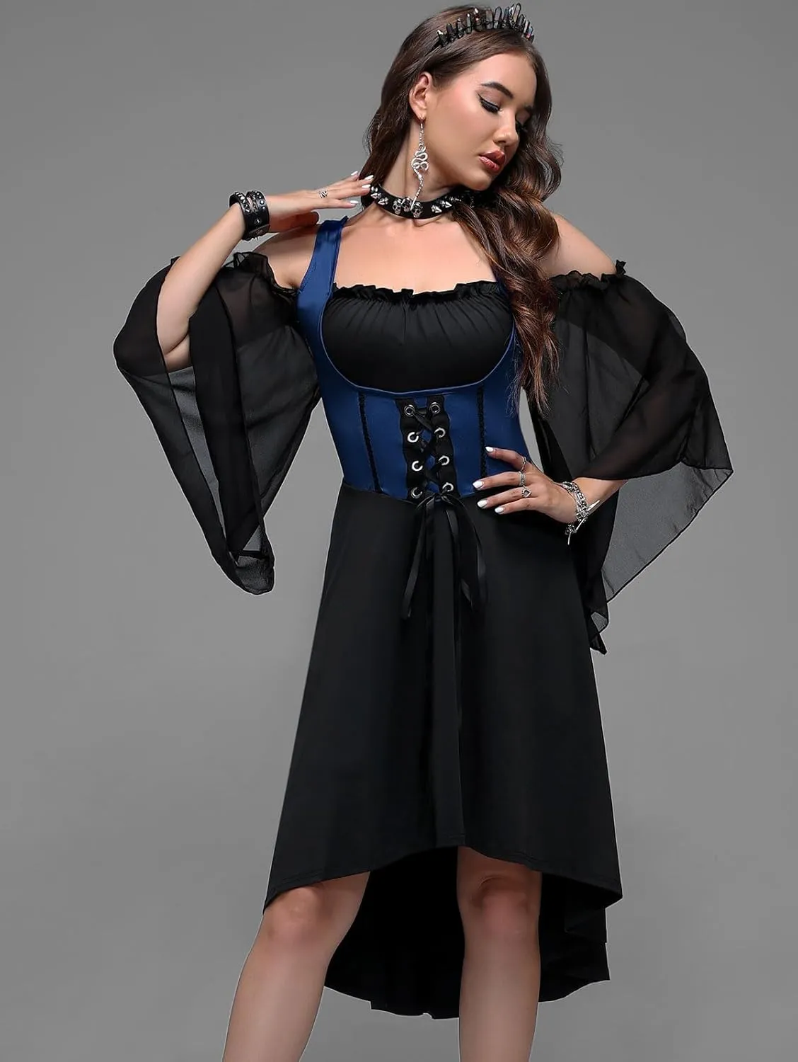 Rosegal Women Plus Size Punk Cold Shoulder Flare Sleeves Lace Gothic Dress