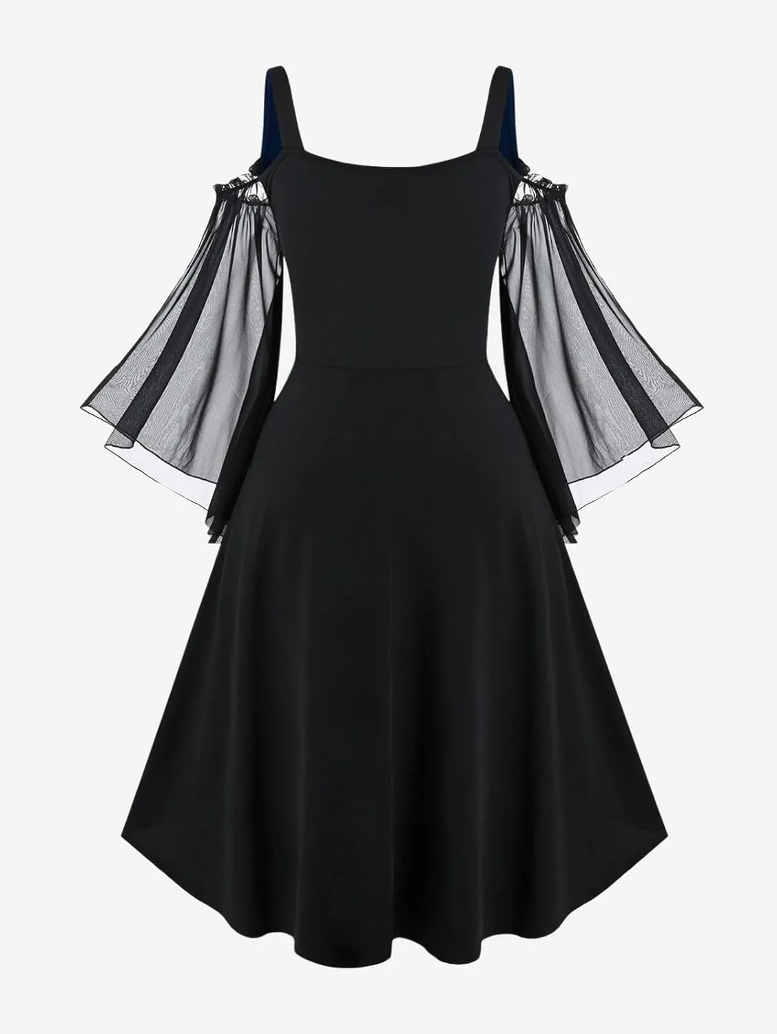 Rosegal Women Plus Size Punk Cold Shoulder Flare Sleeves Lace Gothic Dress