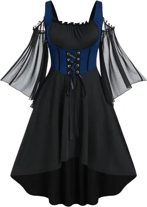 Rosegal Women Plus Size Punk Cold Shoulder Flare Sleeves Lace Gothic Dress