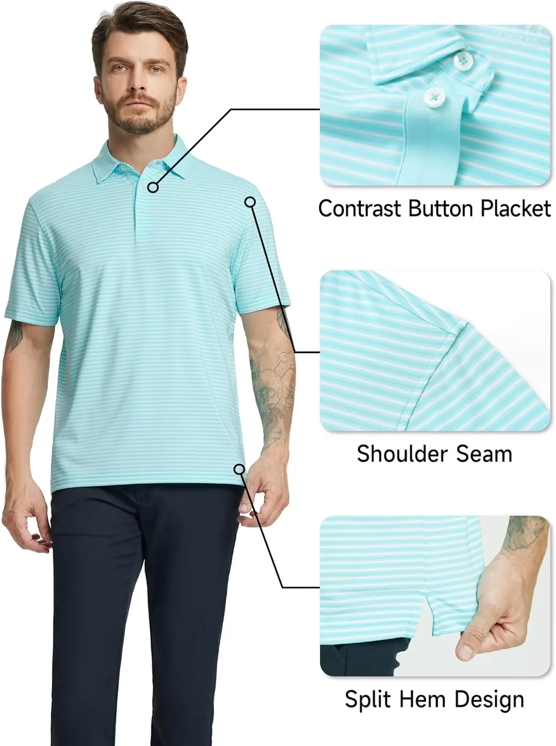 Rouen Golf Shirts for Men Moisture Wicking Lightweight Dry fit Performance Sports Stripe Collared Golf Polo Shirts for Men