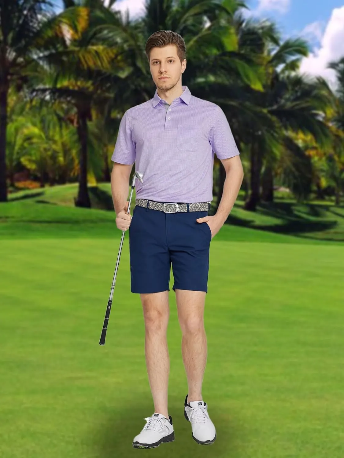 Rouen Mens Golf Shirts Short Sleeve Dry Fit Jacquard Performance Moisture Wicking Casual Pocket Collared Polo Shirts for Men