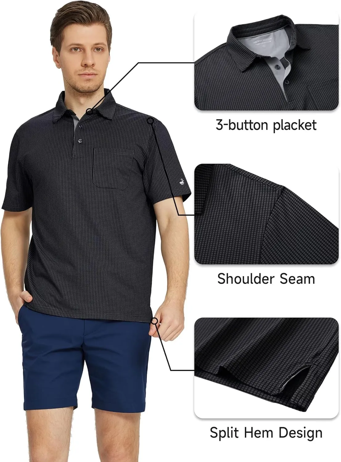 Rouen Mens Golf Shirts Short Sleeve Dry Fit Jacquard Performance Moisture Wicking Casual Pocket Collared Polo Shirts for Men