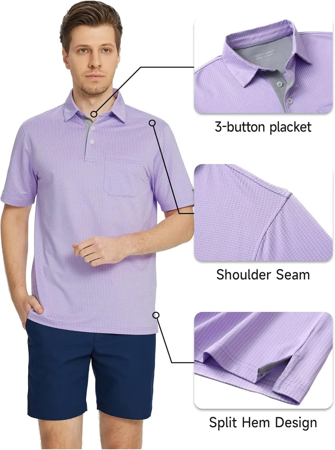 Rouen Mens Golf Shirts Short Sleeve Dry Fit Jacquard Performance Moisture Wicking Casual Pocket Collared Polo Shirts for Men
