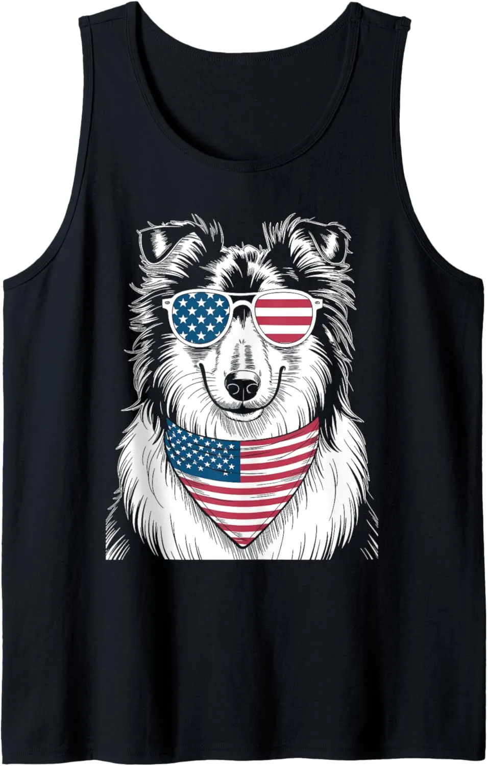 Rough Collie Dog USA Flag Sunglasses Patriotic 4th of July Tank Top