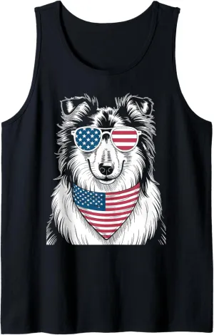 Rough Collie Dog USA Flag Sunglasses Patriotic 4th of July Tank Top