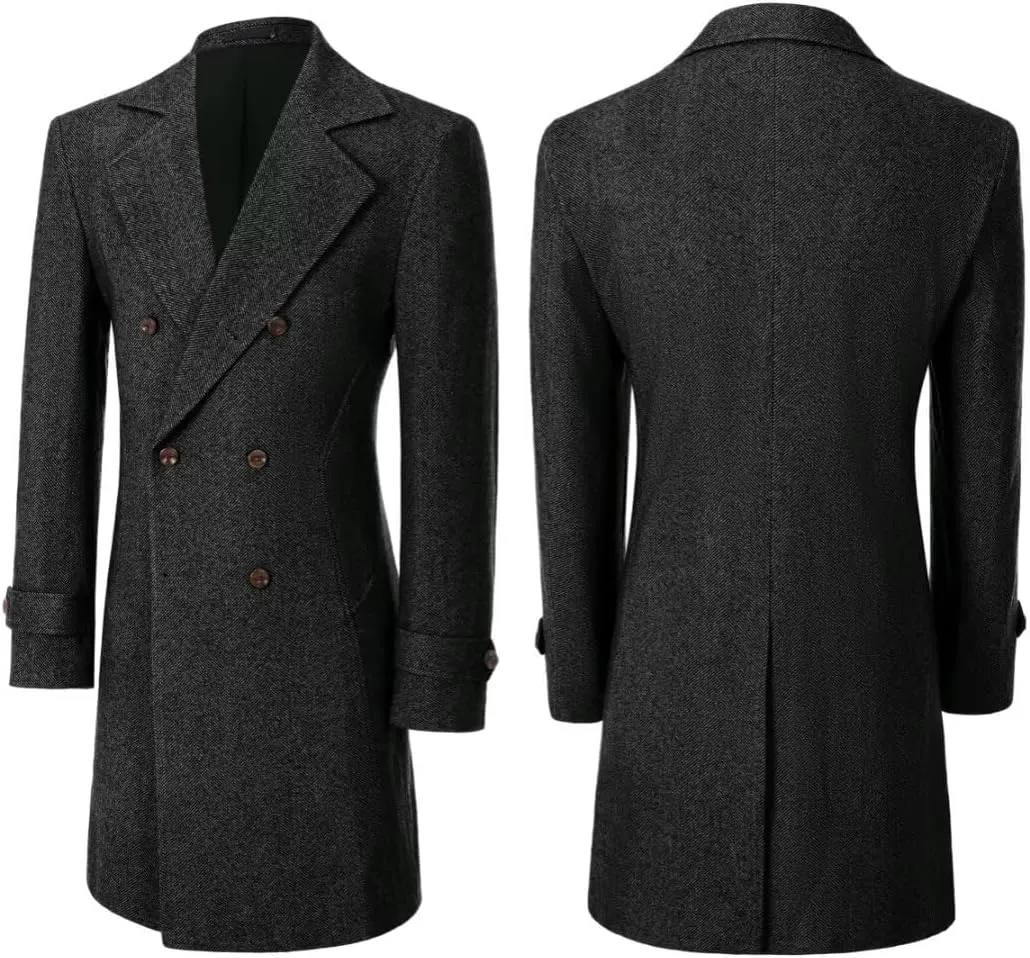 ROZU Men's Wool Blend Peacoat Peaky Blinders Costume Overcoat Men's Winter Coats Trench Coat Mens Pea Coat