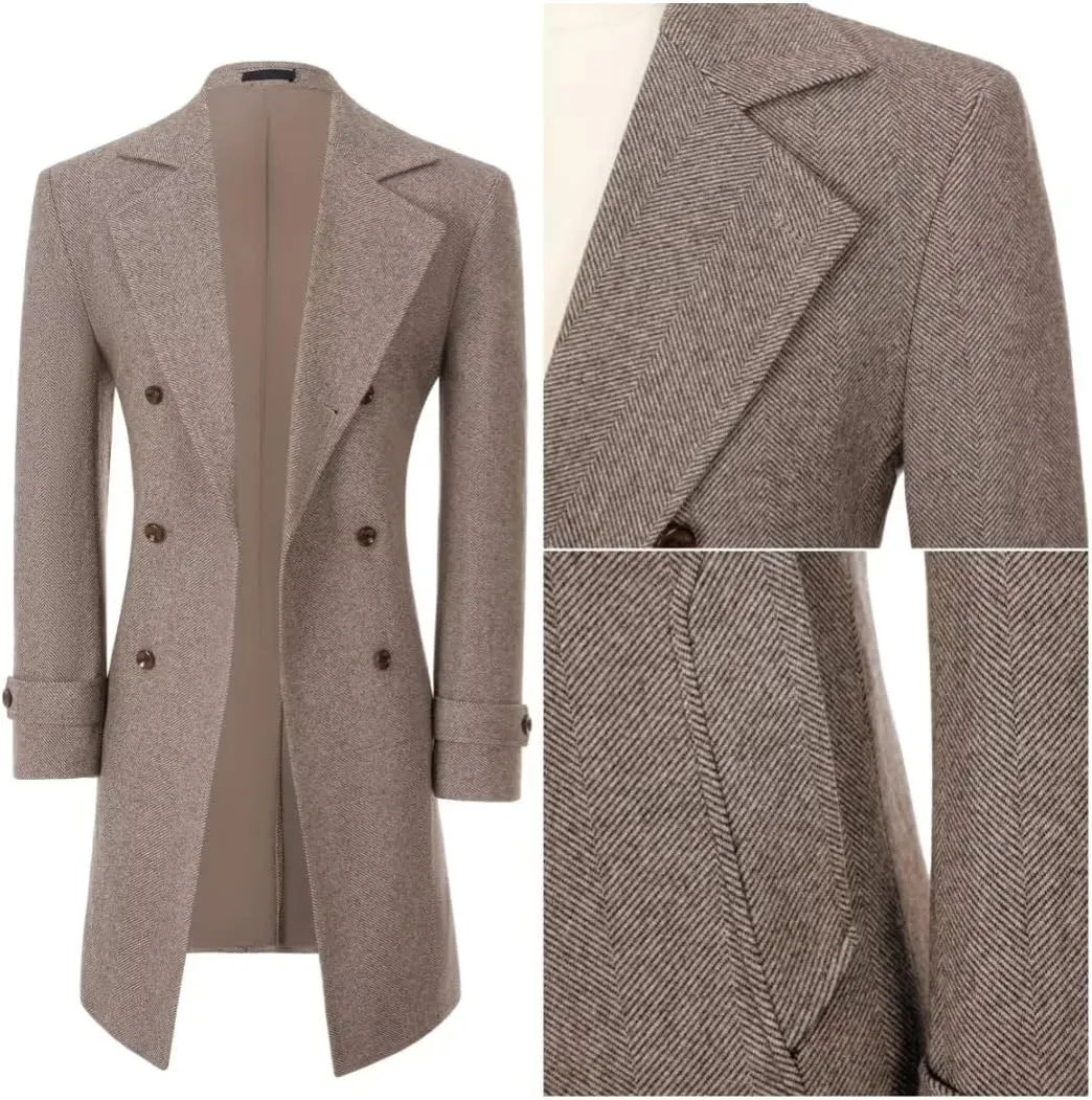ROZU Men's Wool Blend Peacoat Peaky Blinders Costume Overcoat Men's Winter Coats Trench Coat Mens Pea Coat