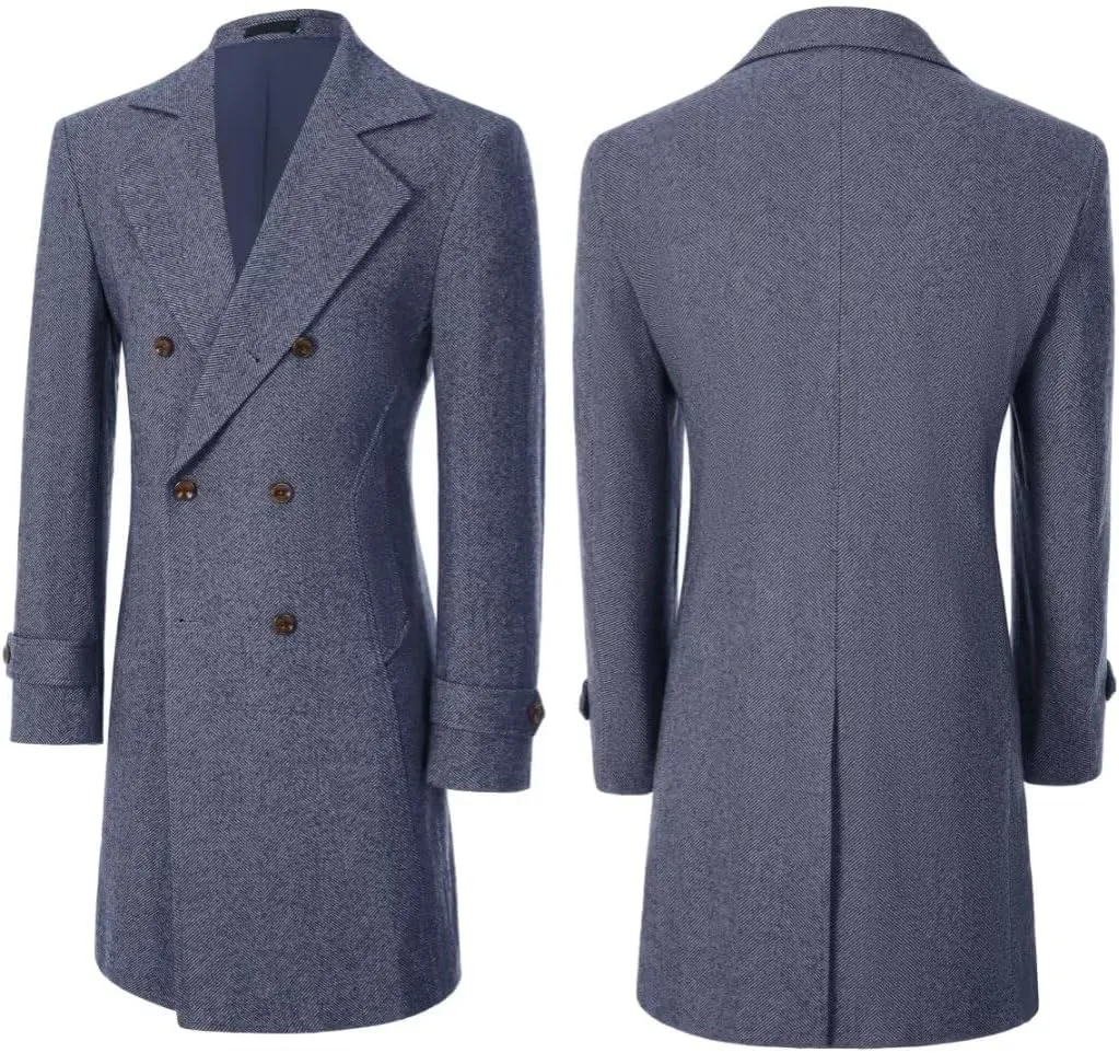 ROZU Men's Wool Blend Peacoat Peaky Blinders Costume Overcoat Men's Winter Coats Trench Coat Mens Pea Coat
