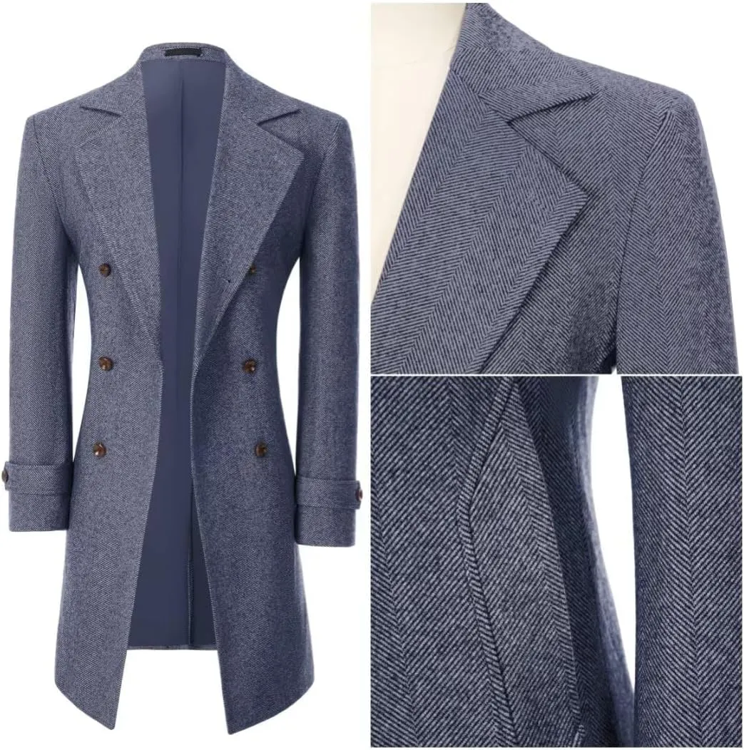 ROZU Men's Wool Blend Peacoat Peaky Blinders Costume Overcoat Men's Winter Coats Trench Coat Mens Pea Coat