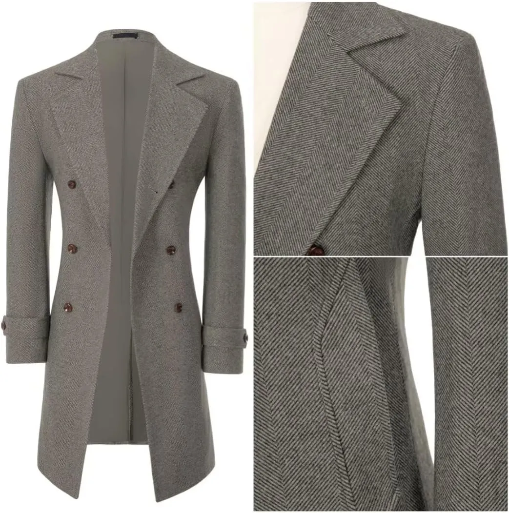 ROZU Men's Wool Blend Peacoat Peaky Blinders Costume Overcoat Men's Winter Coats Trench Coat Mens Pea Coat