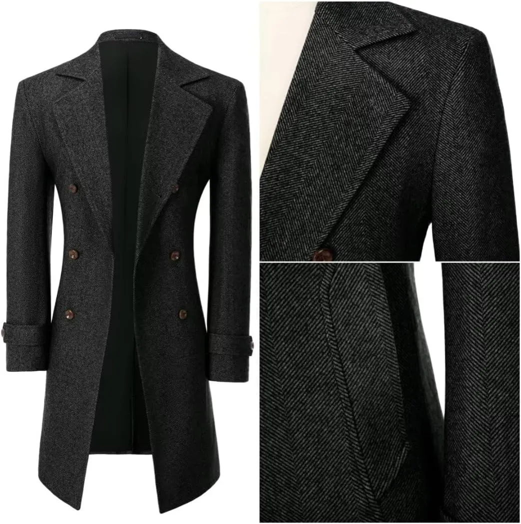 ROZU Men's Wool Blend Peacoat Peaky Blinders Costume Overcoat Men's Winter Coats Trench Coat Mens Pea Coat