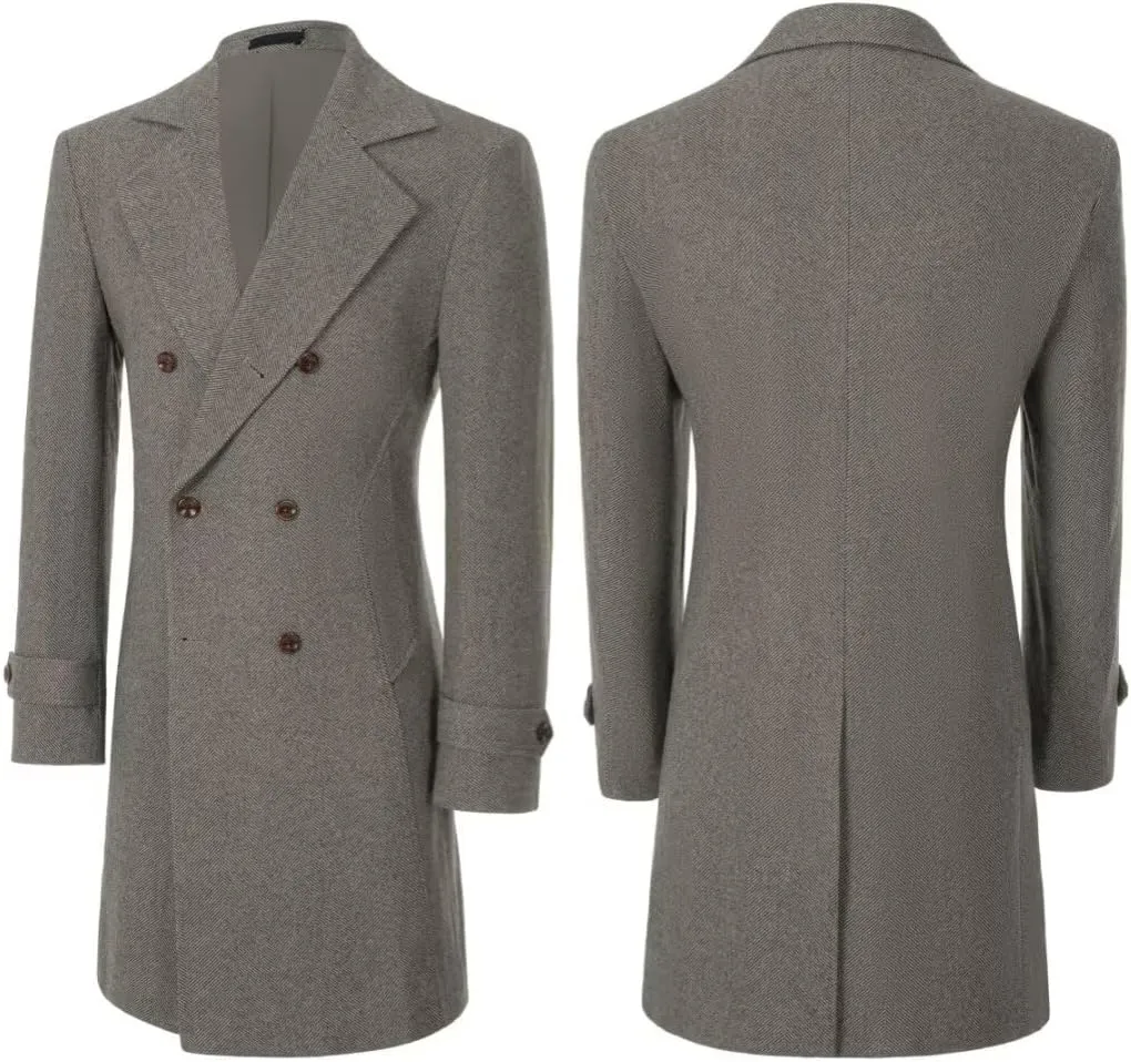 ROZU Men's Wool Blend Peacoat Peaky Blinders Costume Overcoat Men's Winter Coats Trench Coat Mens Pea Coat