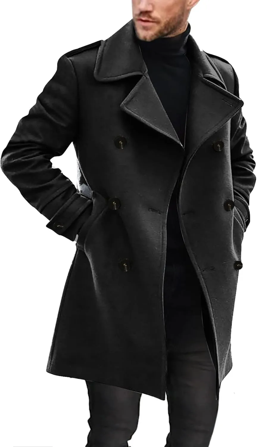 Ryannology Men's Notched Collar Trench Coat Double Breasted Long Winter Pea Coats Windbreaker Business Wool Blend Jacket
