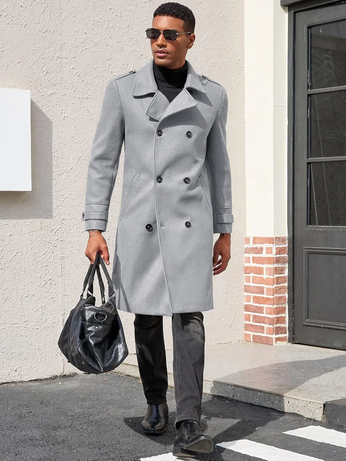 Ryannology Men's Notched Collar Trench Coat Double Breasted Long Winter Pea Coats Windbreaker Business Wool Blend Jacket