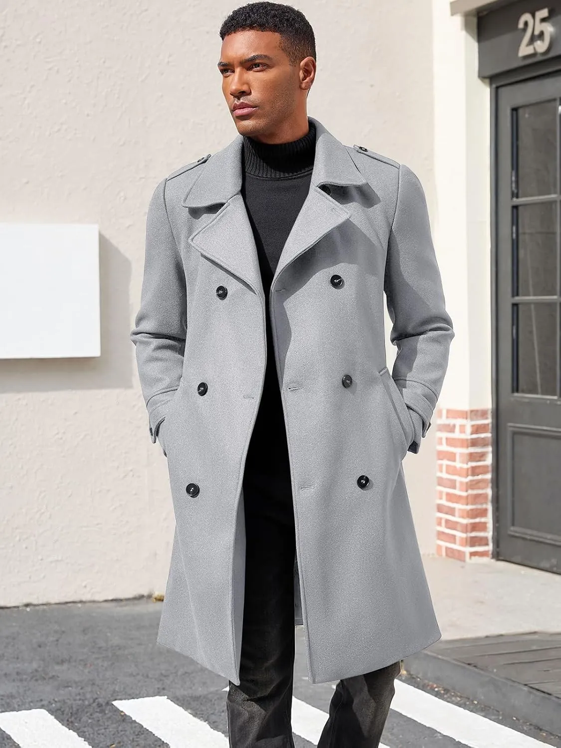 Ryannology Men's Notched Collar Trench Coat Double Breasted Long Winter Pea Coats Windbreaker Business Wool Blend Jacket