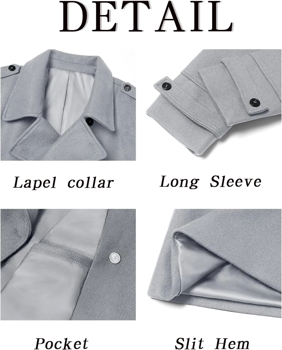 Ryannology Men's Notched Collar Trench Coat Double Breasted Long Winter Pea Coats Windbreaker Business Wool Blend Jacket