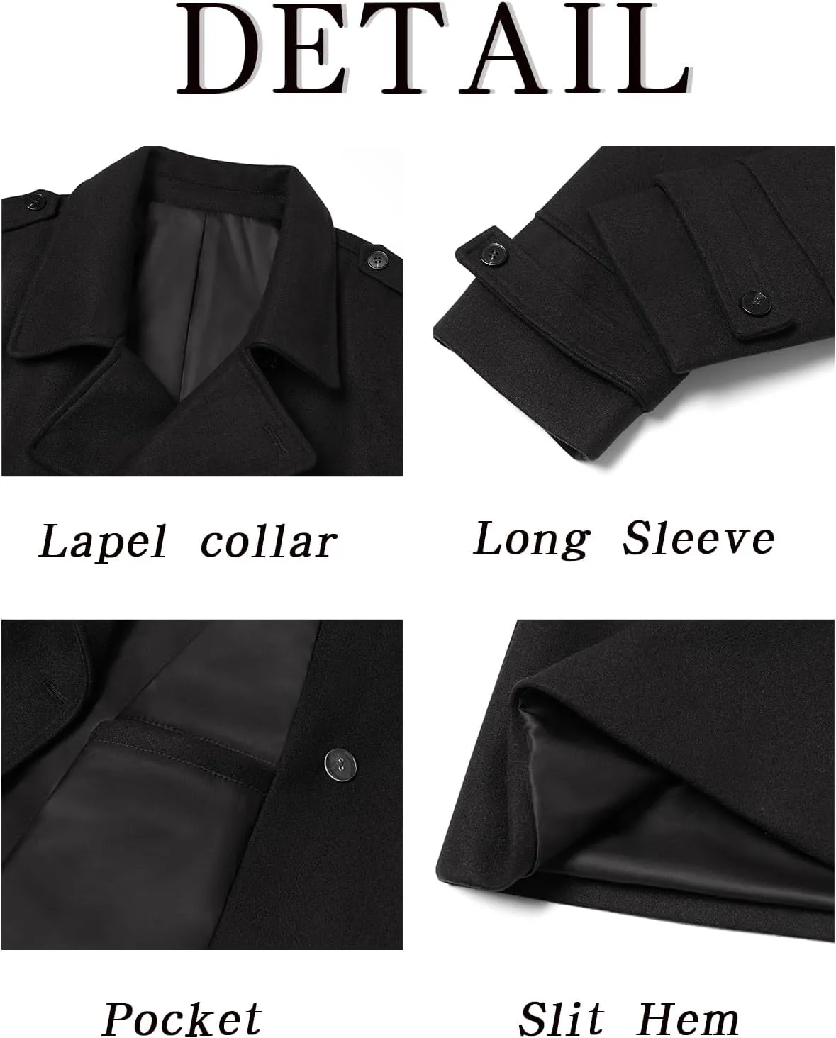 Ryannology Men's Notched Collar Trench Coat Double Breasted Long Winter Pea Coats Windbreaker Business Wool Blend Jacket
