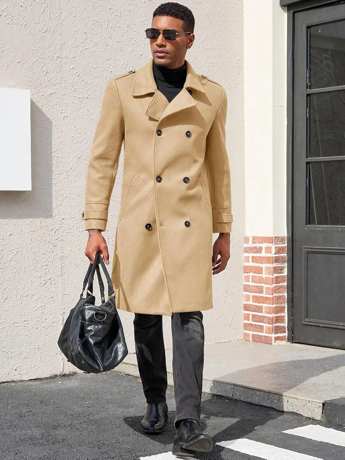 Ryannology Men's Notched Collar Trench Coat Double Breasted Long Winter Pea Coats Windbreaker Business Wool Blend Jacket