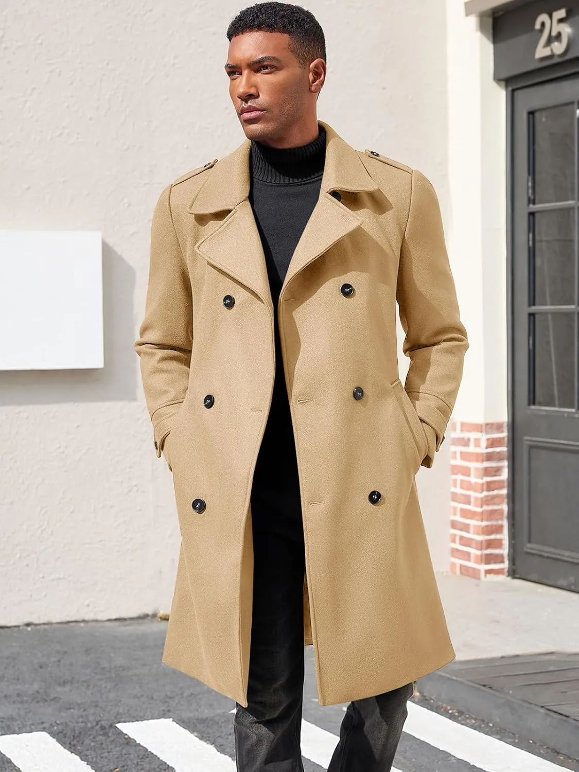 Ryannology Men's Notched Collar Trench Coat Double Breasted Long Winter Pea Coats Windbreaker Business Wool Blend Jacket
