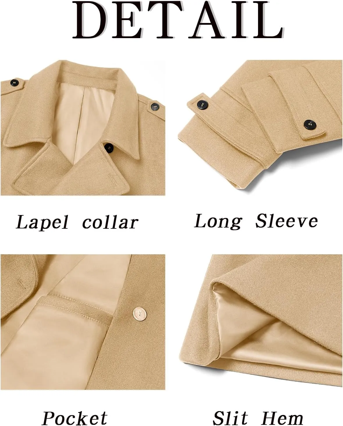 Ryannology Men's Notched Collar Trench Coat Double Breasted Long Winter Pea Coats Windbreaker Business Wool Blend Jacket
