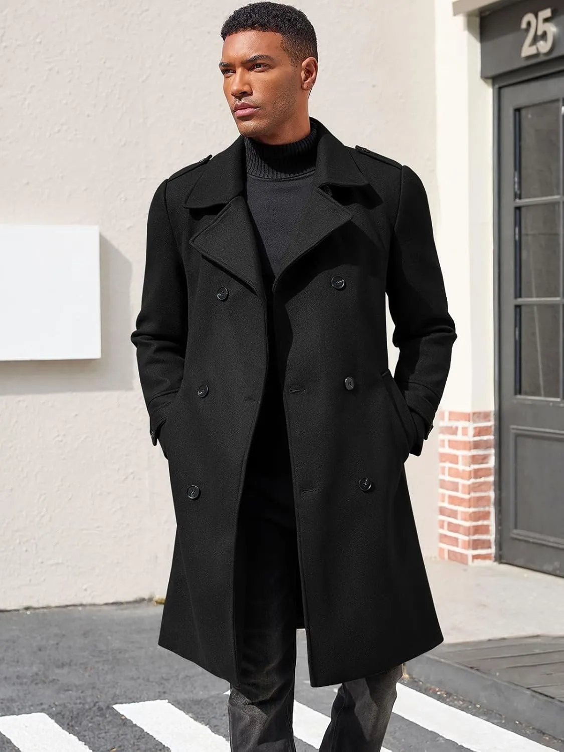 Ryannology Men's Notched Collar Trench Coat Double Breasted Long Winter Pea Coats Windbreaker Business Wool Blend Jacket