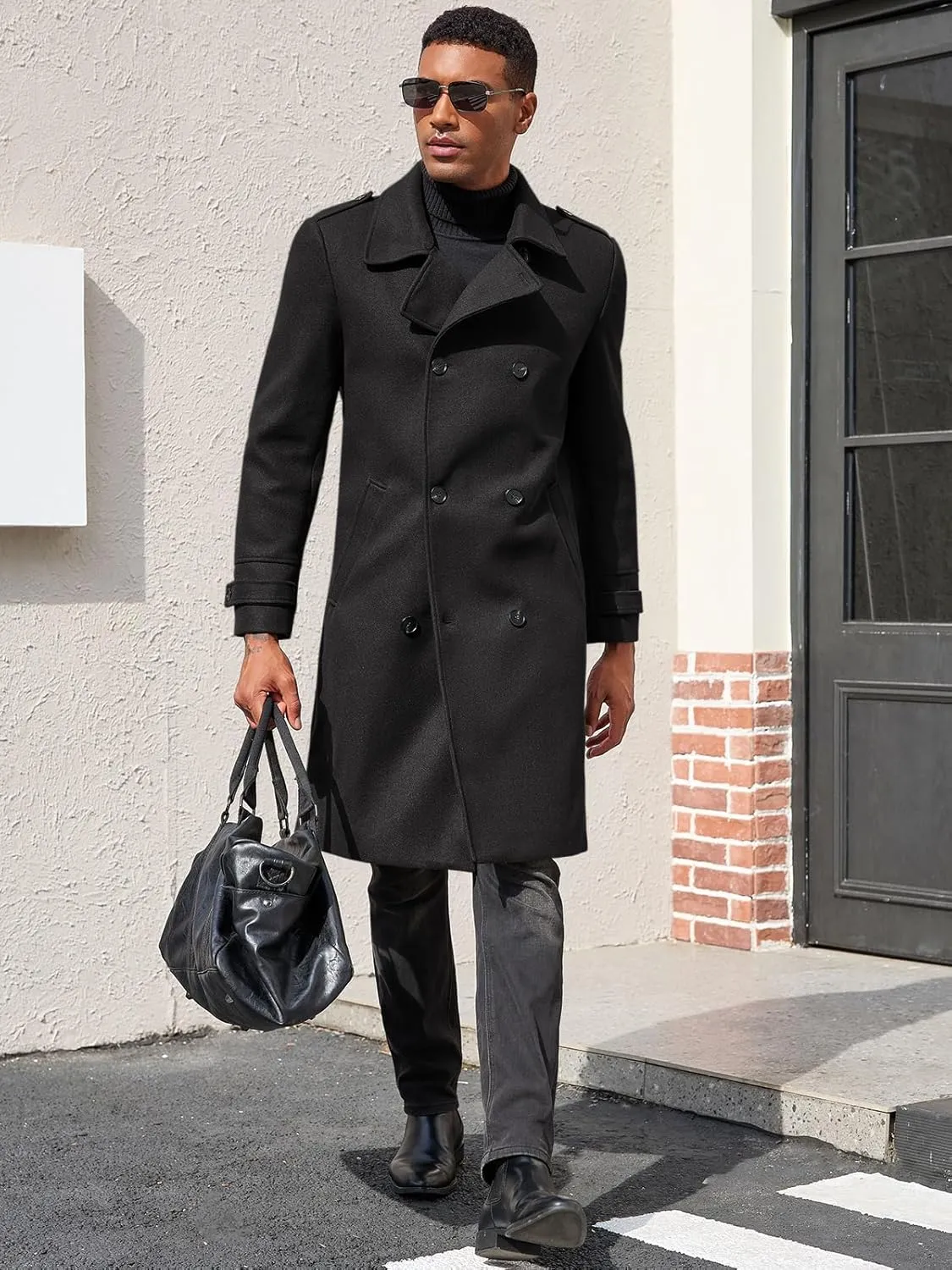 Ryannology Men's Notched Collar Trench Coat Double Breasted Long Winter Pea Coats Windbreaker Business Wool Blend Jacket