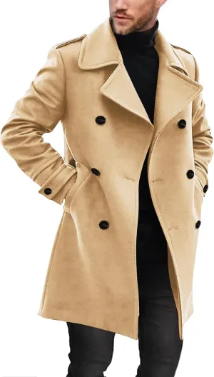 Ryannology Men's Notched Collar Trench Coat Double Breasted Long Winter Pea Coats Windbreaker Business Wool Blend Jacket