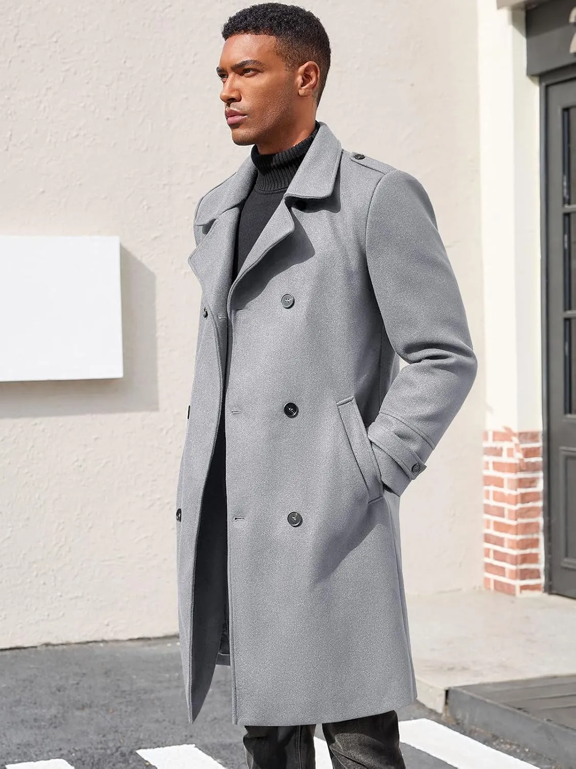 Ryannology Men's Notched Collar Trench Coat Double Breasted Long Winter Pea Coats Windbreaker Business Wool Blend Jacket