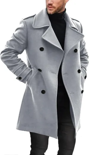 Ryannology Men's Notched Collar Trench Coat Double Breasted Long Winter Pea Coats Windbreaker Business Wool Blend Jacket