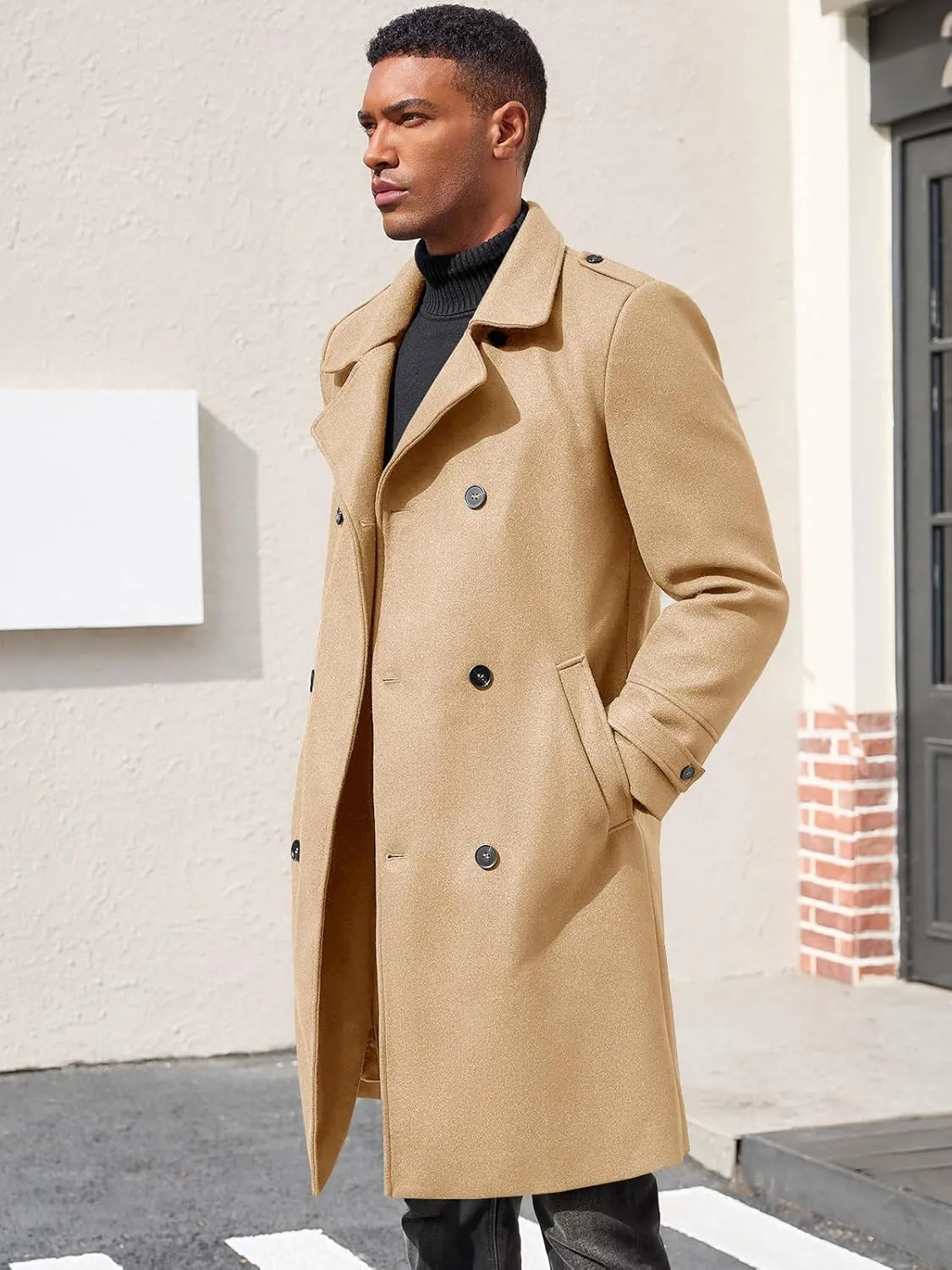Ryannology Men's Notched Collar Trench Coat Double Breasted Long Winter Pea Coats Windbreaker Business Wool Blend Jacket