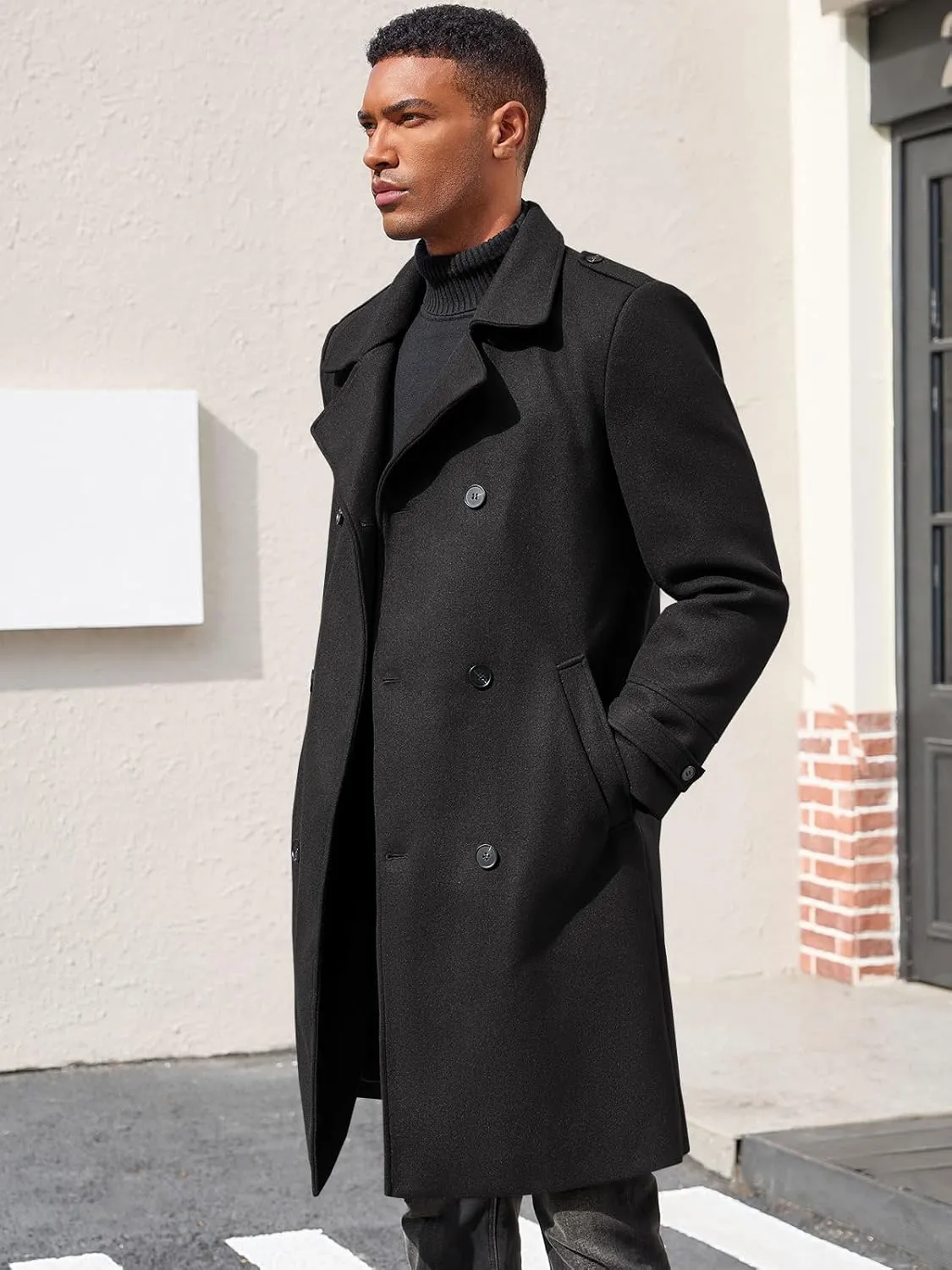 Ryannology Men's Notched Collar Trench Coat Double Breasted Long Winter Pea Coats Windbreaker Business Wool Blend Jacket