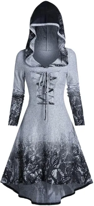 SACFOF Womens Hoodies Cloak Halloween Vintage Printed Punk Cosplay Long Sleeve Plus Size Hooded Blouse Midi Shirts Dress
