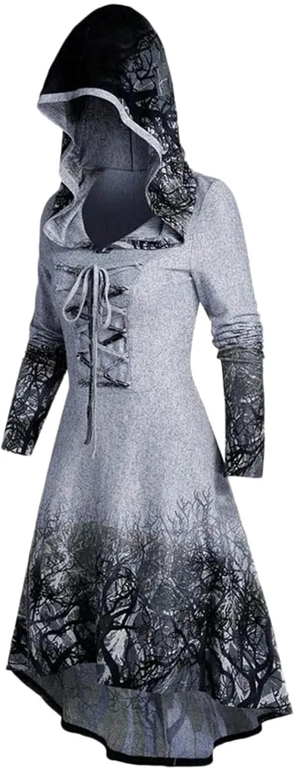 SACFOF Womens Hoodies Cloak Halloween Vintage Printed Punk Cosplay Long Sleeve Plus Size Hooded Blouse Midi Shirts Dress