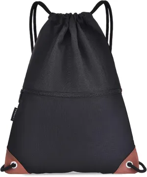 Sack Drawstring Backpack Water-resistant Drawstring Bucket Bag with Zipper Pockets Light Sack (Black)