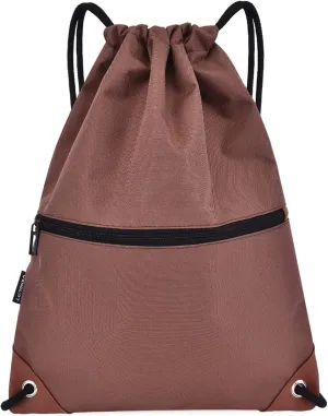 Sack Drawstring Backpack Water-resistant Drawstring Bucket Bag with Zipper Pockets Light Sack (Brown)