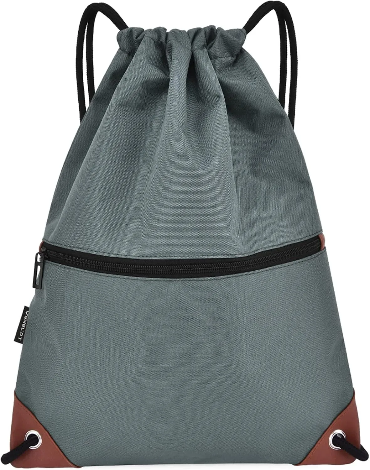 Sack Drawstring Backpack Water-resistant Drawstring Bucket Bag with Zipper Pockets Light Sack (Gray)