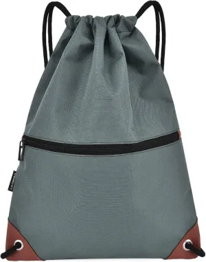 Sack Drawstring Backpack Water-resistant Drawstring Bucket Bag with Zipper Pockets Light Sack (Gray)