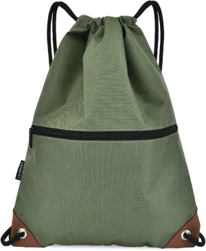 Sack Drawstring Backpack Water-resistant Drawstring Bucket Bag with Zipper Pockets Light Sack (Green)