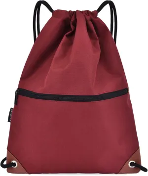 Sack Drawstring Backpack Water-resistant Drawstring Bucket Bag with Zipper Pockets Light Sack (Red)
