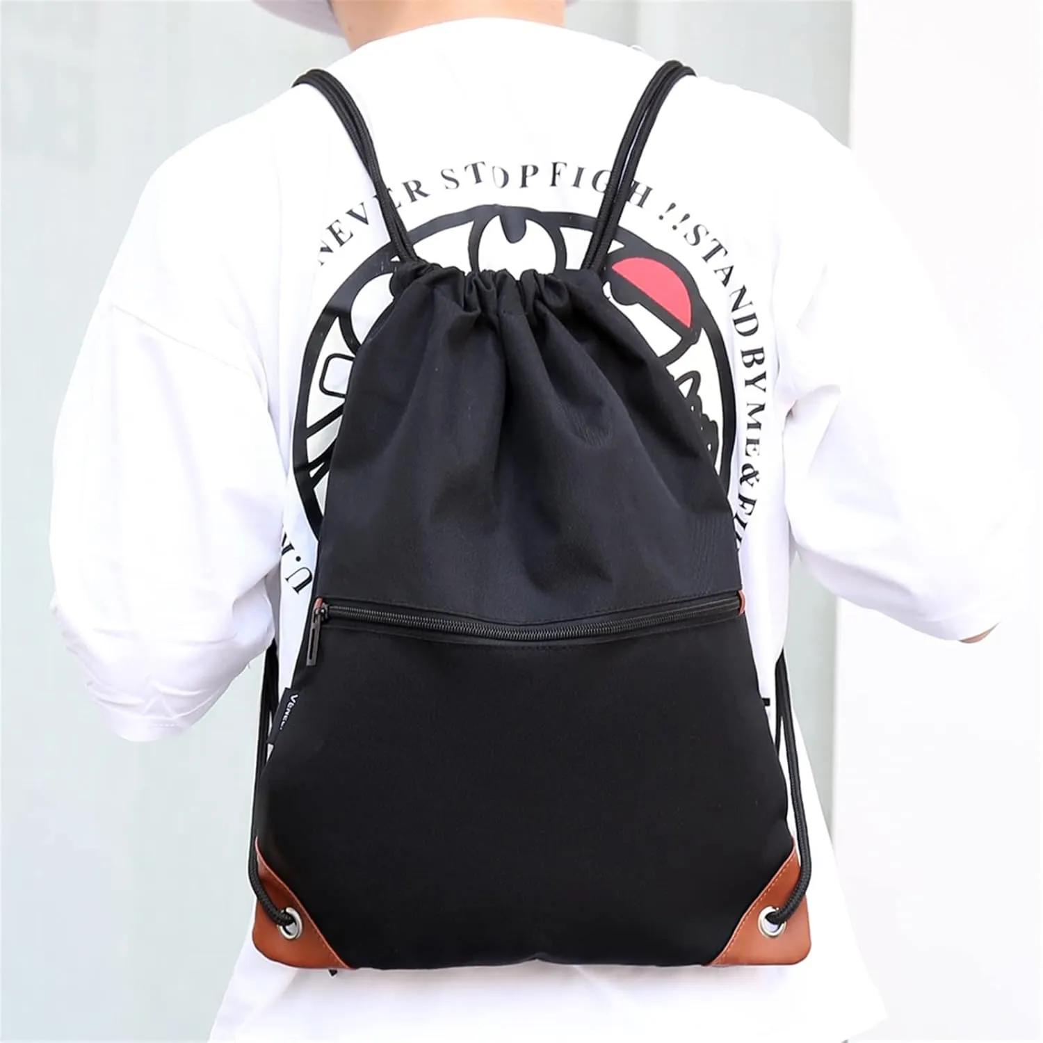 Sack Drawstring Backpack Water-resistant Drawstring Bucket Bag with Zipper Pockets Light Sack (Red)