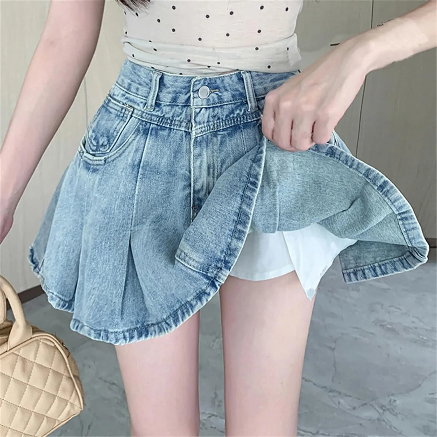 SANGTREE Women's High Waisted Denim Pleated Mini Skirt