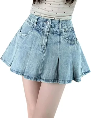 SANGTREE Women's High Waisted Denim Pleated Mini Skirt