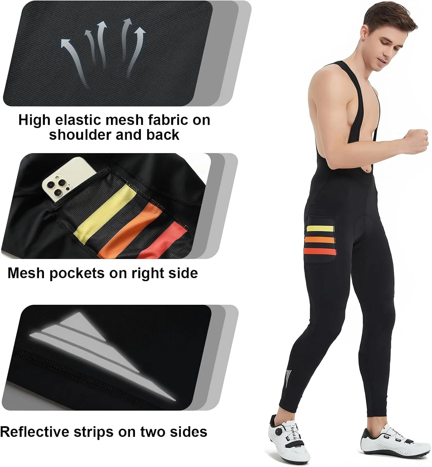 Santic Cycling Bib Tights Men Padded Cycling Bib Pants Long Padded with Pocket