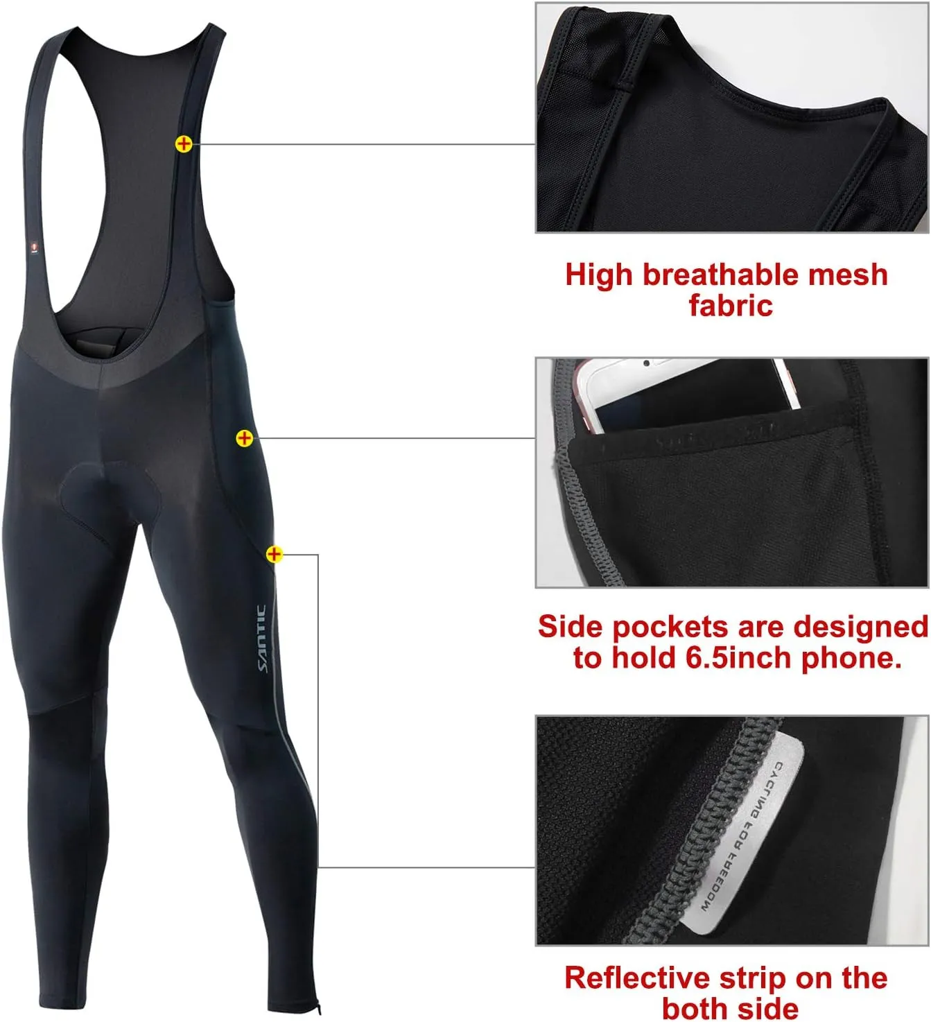 Santic Cycling Bib Tights Men Padded Cycling Bib Pants Long Padded with Pocket