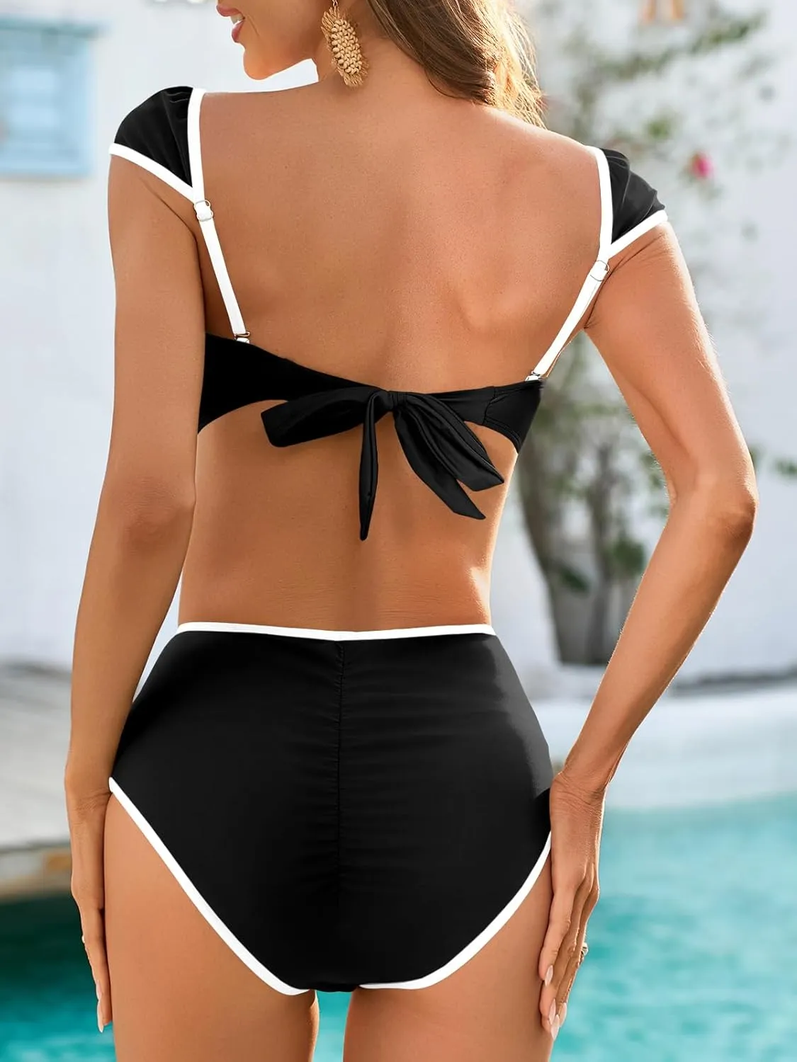 Saodimallsu Womens High Waisted Bikini Sets Cap Sleeve Color Block Tie Back Adjustable Strap 2 Piece Swimsuits